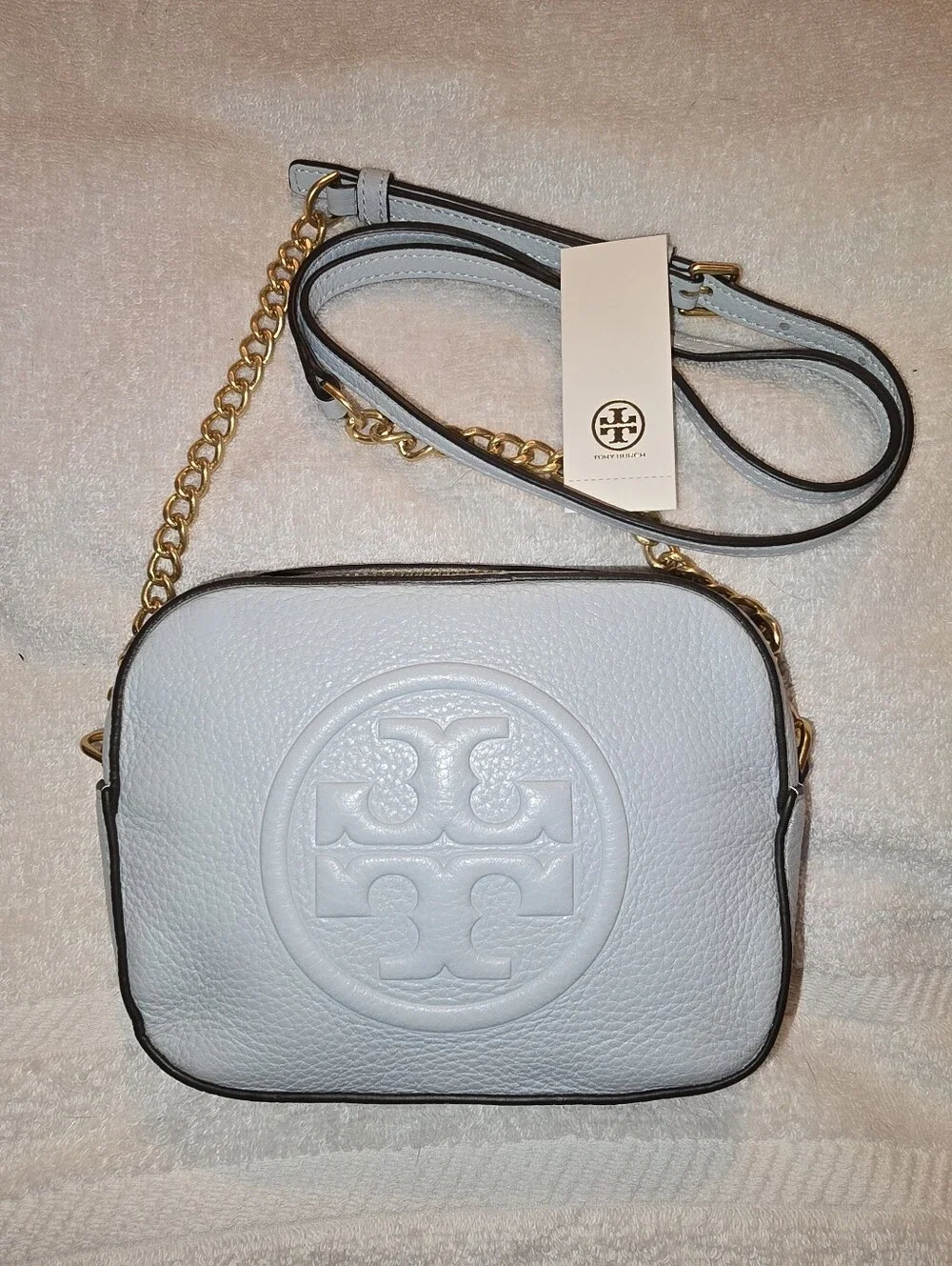 Tory Burch Perry Bombe Mini Pebbled Leather Bag Cloud Blue NWT